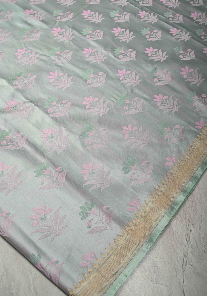 Sage Green Tanchoi Banarasi Saree in Pure Silk Satin and Meenakari Floral Brocade and Minimal Zari Border | SILK MARK CERTIFIED
