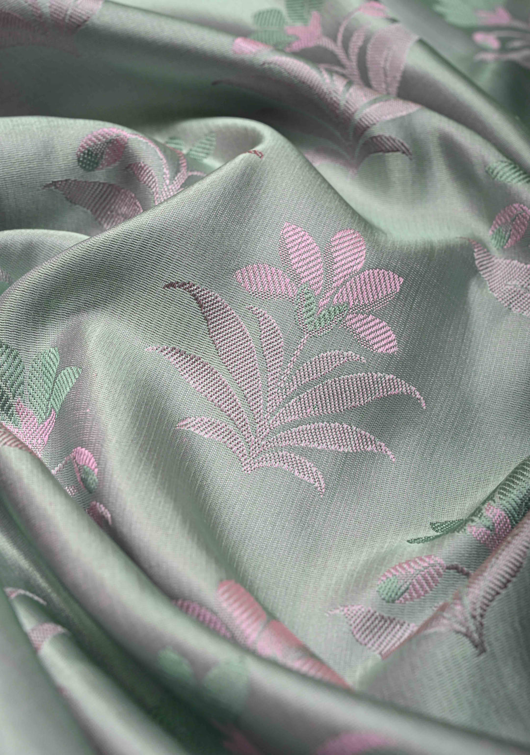 Sage Green Tanchoi Banarasi Saree in Pure Silk Satin and Meenakari Floral Brocade and Minimal Zari Border | SILK MARK CERTIFIED
