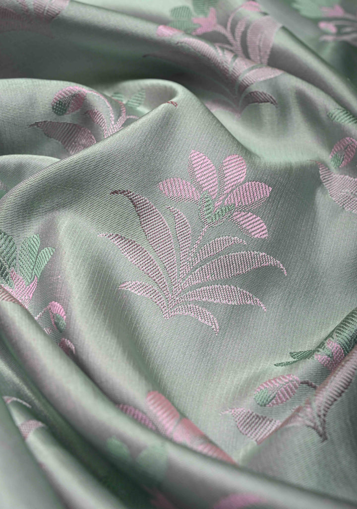Sage Green Tanchoi Banarasi Saree in Pure Silk Satin and Meenakari Floral Brocade and Minimal Zari Border | SILK MARK CERTIFIED