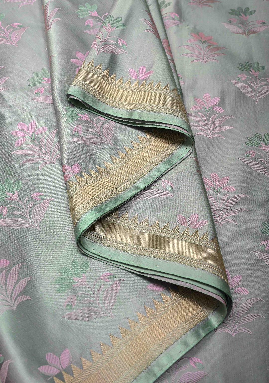 Sage Green Tanchoi Banarasi Saree in Pure Silk Satin and Meenakari Floral Brocade and Minimal Zari Border | SILK MARK CERTIFIED