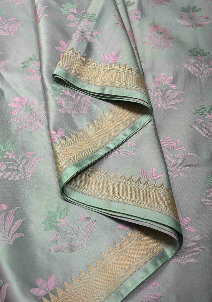 Sage Green Tanchoi Banarasi Saree in Pure Silk Satin and Meenakari Floral Brocade and Minimal Zari Border | SILK MARK CERTIFIED