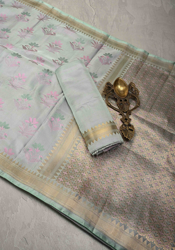Sage Green Tanchoi Banarasi Saree in Pure Silk Satin and Meenakari Floral Brocade and Minimal Zari Border | SILK MARK CERTIFIED