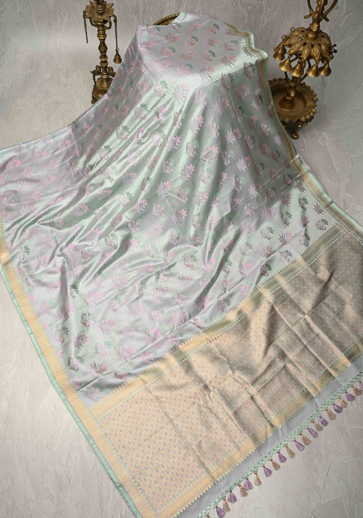 Sage Green Tanchoi Banarasi Saree in Pure Silk Satin and Meenakari Floral Brocade and Minimal Zari Border | SILK MARK CERTIFIED