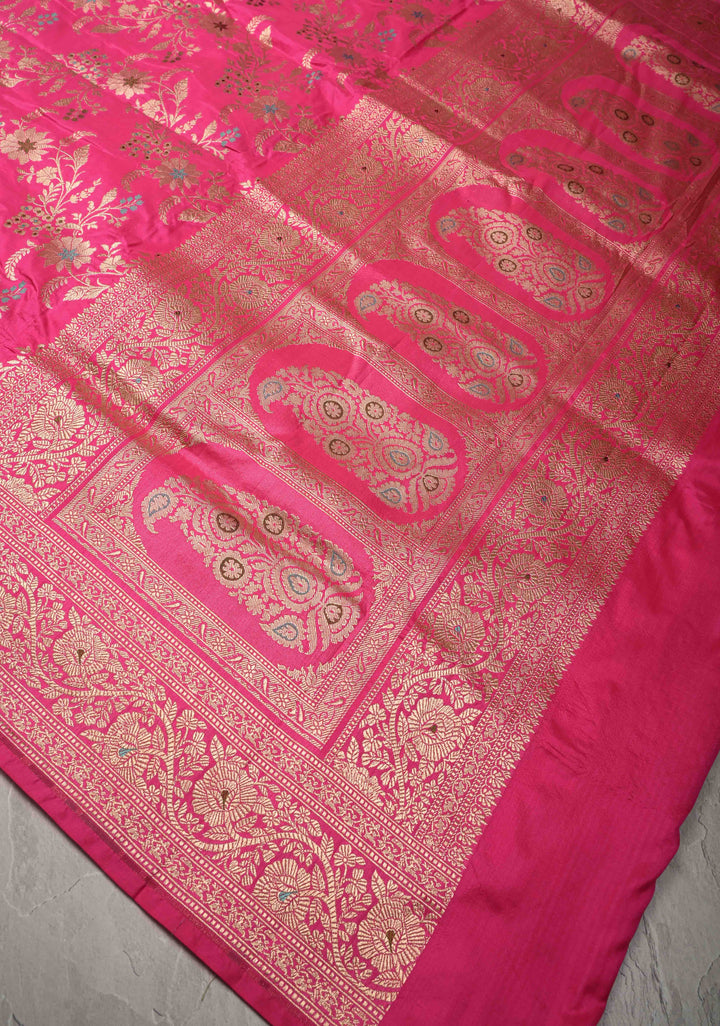 Rani Pink Meenakari on Banarasi Katan Silk Saree with Floral Brocade Jaal and Zari Border-Pallu | SILK MARK CERTIFIED