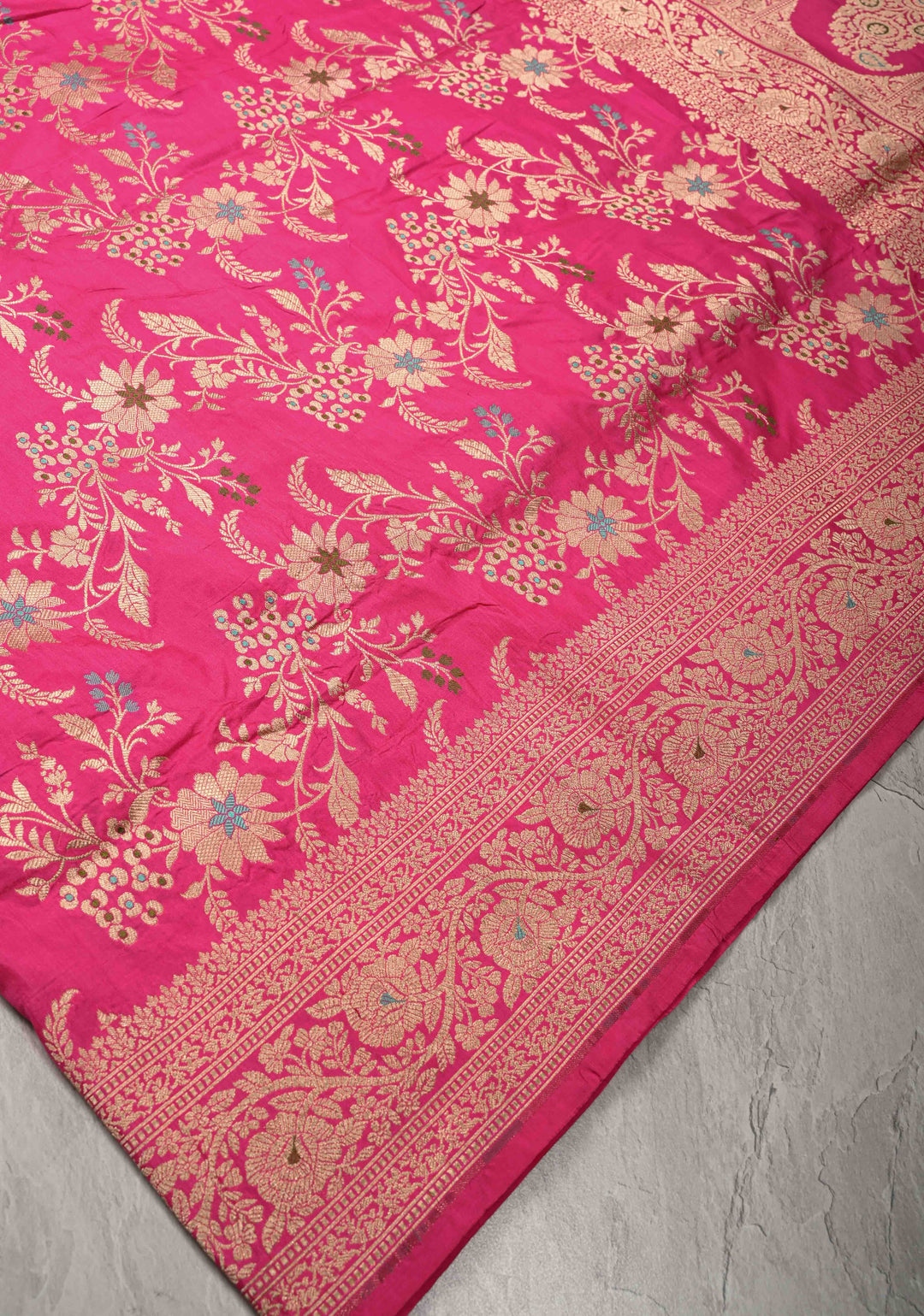 Rani Pink Meenakari on Banarasi Katan Silk Saree with Floral Brocade Jaal and Zari Border-Pallu | SILK MARK CERTIFIED