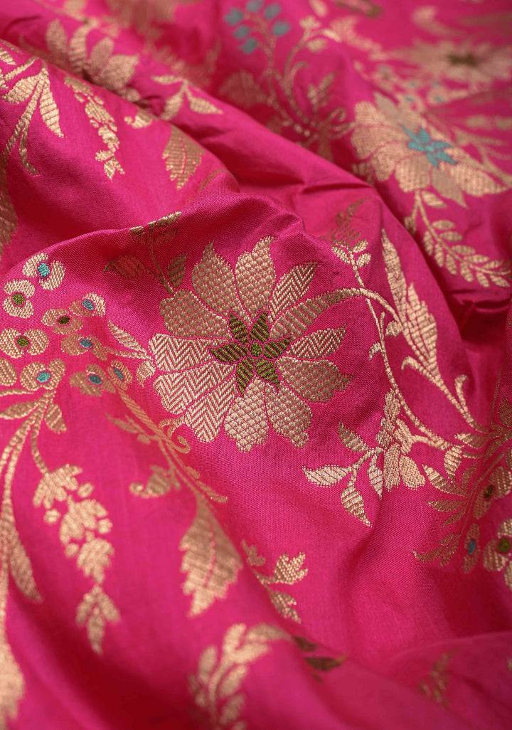 Rani Pink Meenakari on Banarasi Katan Silk Saree with Floral Brocade Jaal and Zari Border-Pallu | SILK MARK CERTIFIED