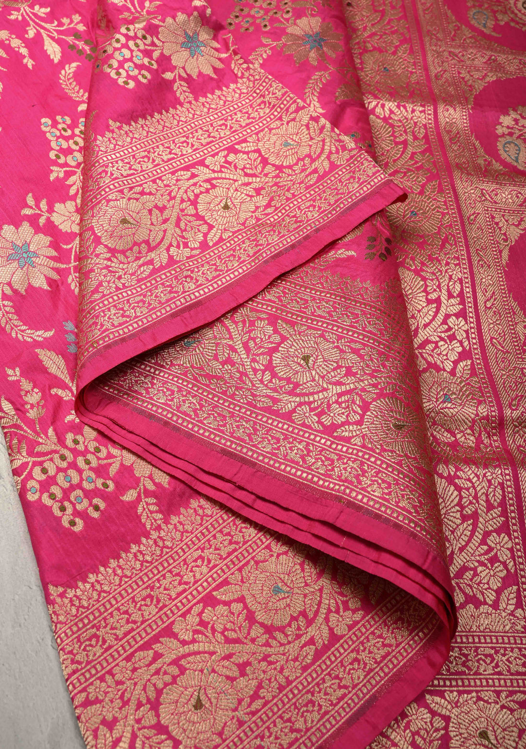 Rani Pink Meenakari on Banarasi Katan Silk Saree with Floral Brocade Jaal and Zari Border-Pallu | SILK MARK CERTIFIED