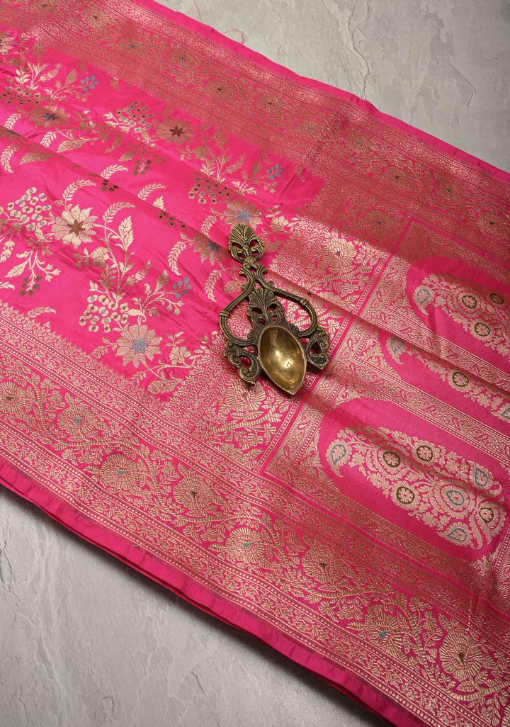 Rani Pink Meenakari on Banarasi Katan Silk Saree with Floral Brocade Jaal and Zari Border-Pallu | SILK MARK CERTIFIED
