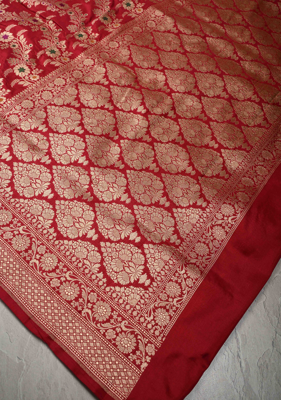 Red Banarasi Meenakari Katan Silk Saree with Chevron pattern  and Zari Border | SILK MARK CERTIFIED