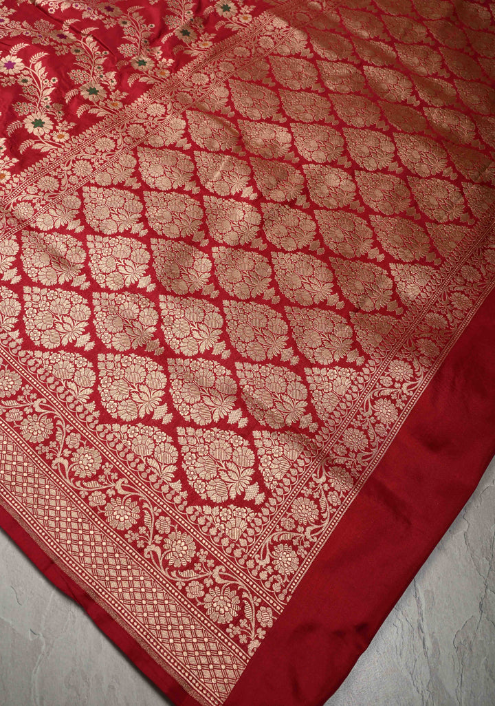 Red Banarasi Meenakari Katan Silk Saree with Chevron pattern  and Zari Border | SILK MARK CERTIFIED