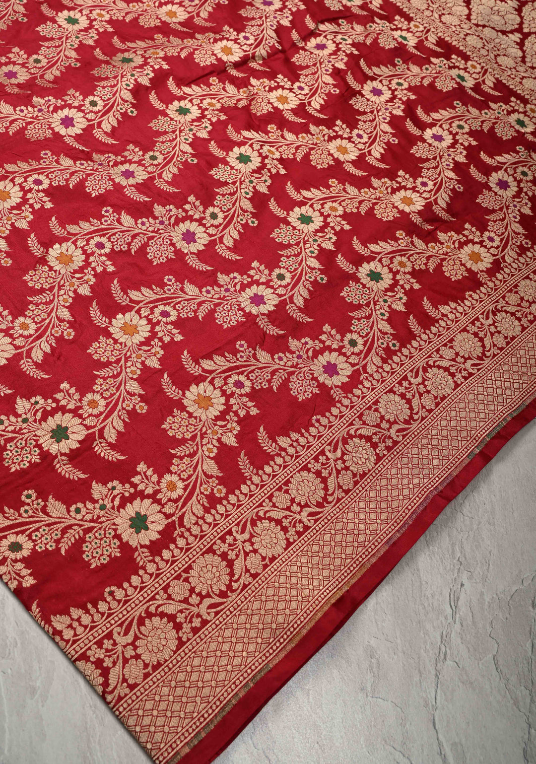 Red Banarasi Meenakari Katan Silk Saree with Chevron pattern  and Zari Border | SILK MARK CERTIFIED