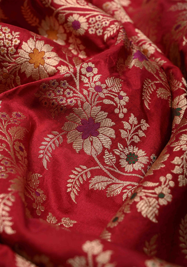 Red Banarasi Meenakari Katan Silk Saree with Chevron pattern  and Zari Border | SILK MARK CERTIFIED