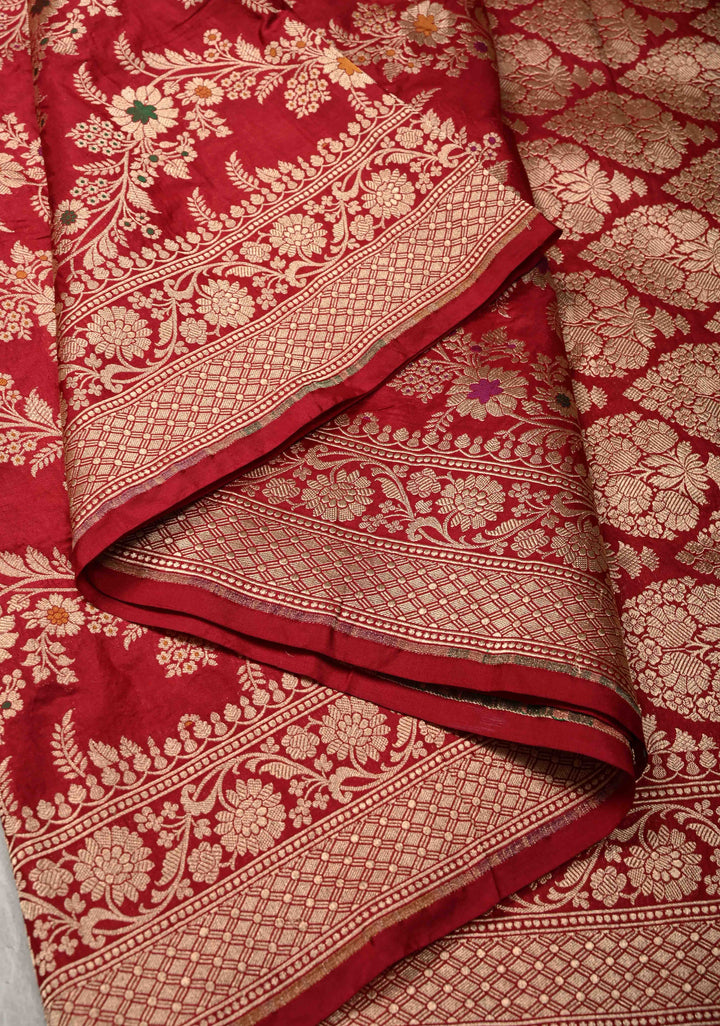 Red Banarasi Meenakari Katan Silk Saree with Chevron pattern  and Zari Border | SILK MARK CERTIFIED
