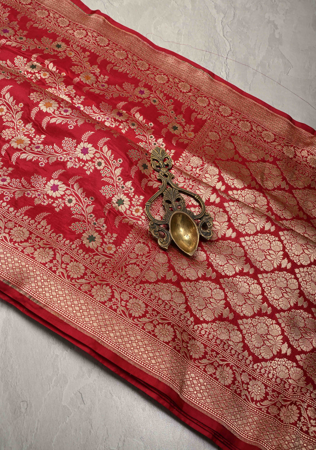 Red Banarasi Meenakari Katan Silk Saree with Chevron pattern  and Zari Border | SILK MARK CERTIFIED