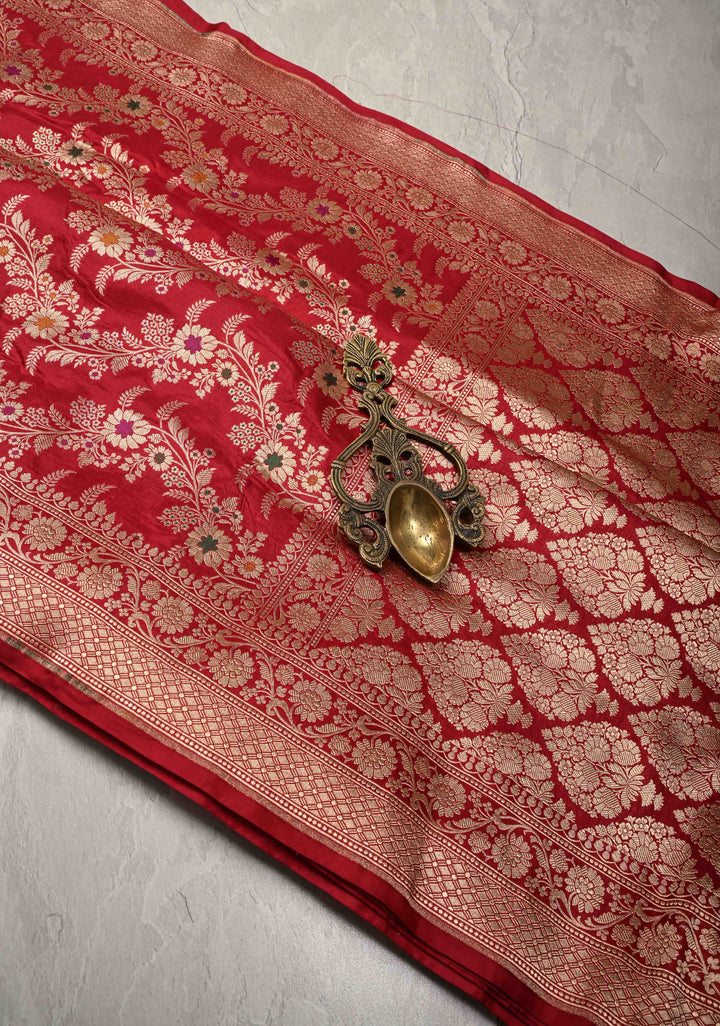 Red Banarasi Meenakari Katan Silk Saree with Chevron pattern  and Zari Border | SILK MARK CERTIFIED
