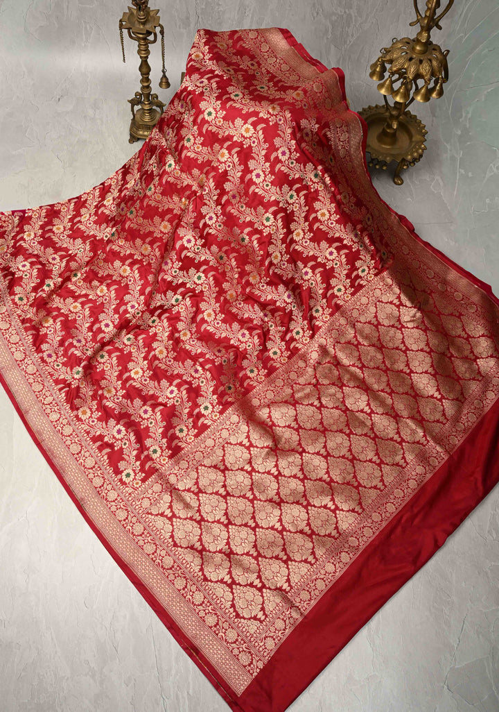 Red Banarasi Meenakari Katan Silk Saree with Chevron pattern  and Zari Border | SILK MARK CERTIFIED