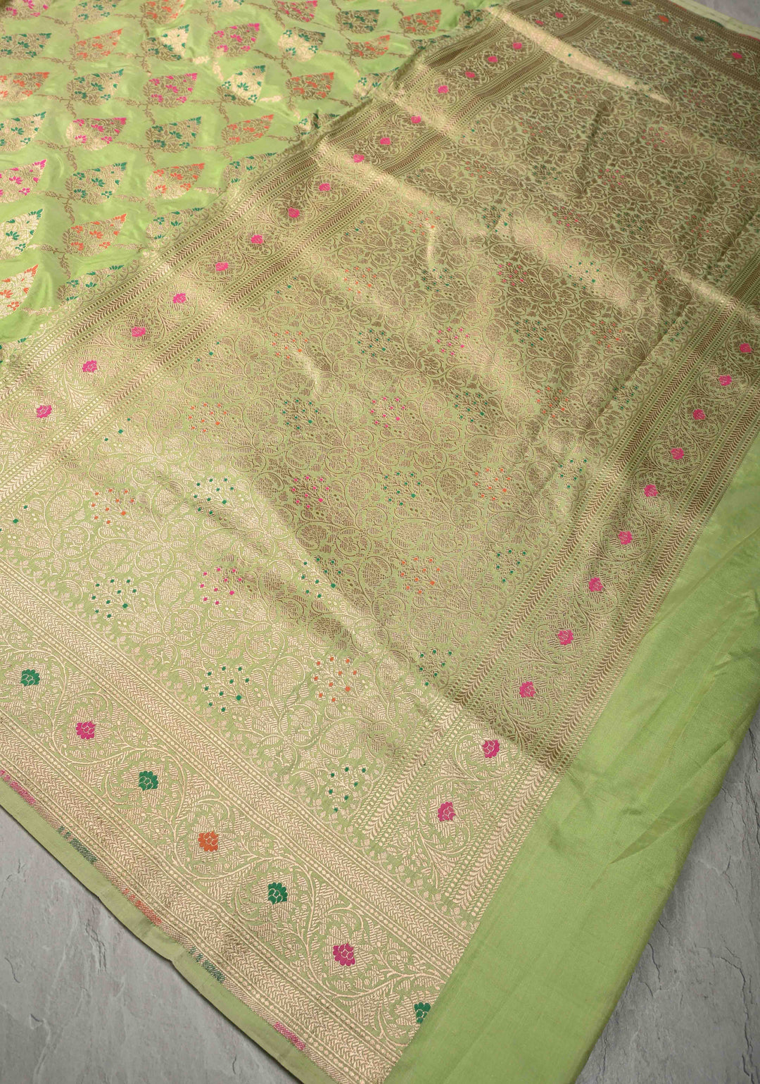 Pistachio Green Meenakari Banarasi Katan Silk Saree with Floral Jaal and Zari Border-Pallu | SILK MARK CERTIFIED