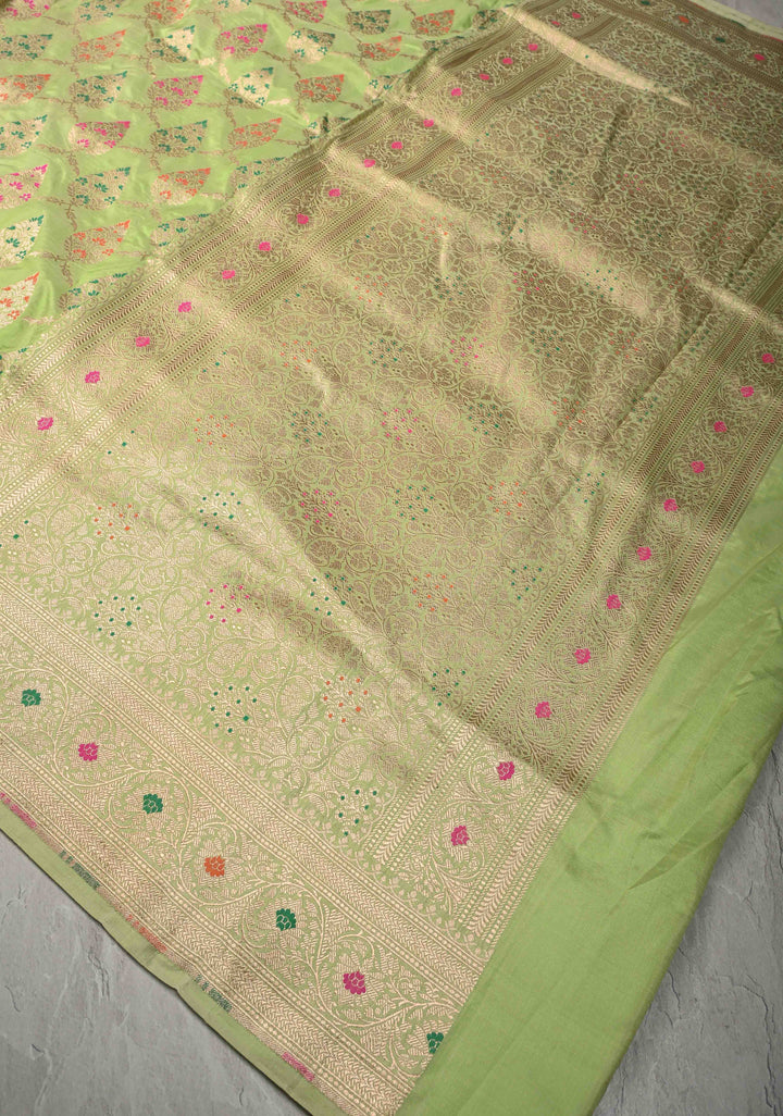Pistachio Green Meenakari Banarasi Katan Silk Saree with Floral Jaal and Zari Border-Pallu | SILK MARK CERTIFIED