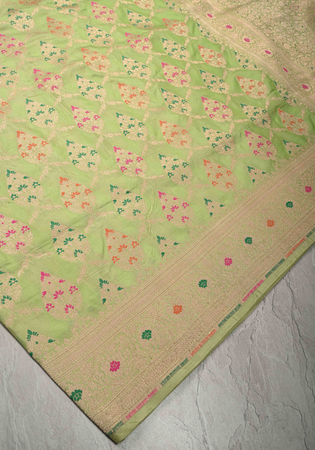 Pistachio Green Meenakari Banarasi Katan Silk Saree with Floral Jaal and Zari Border-Pallu | SILK MARK CERTIFIED