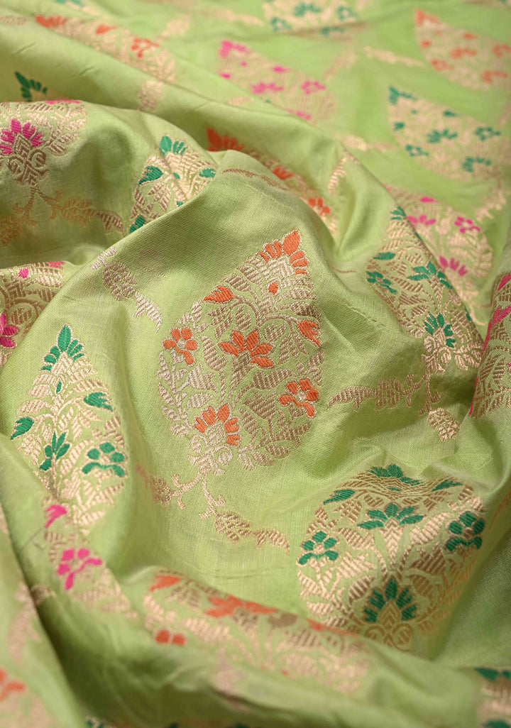 Pistachio Green Meenakari Banarasi Katan Silk Saree with Floral Jaal and Zari Border-Pallu | SILK MARK CERTIFIED