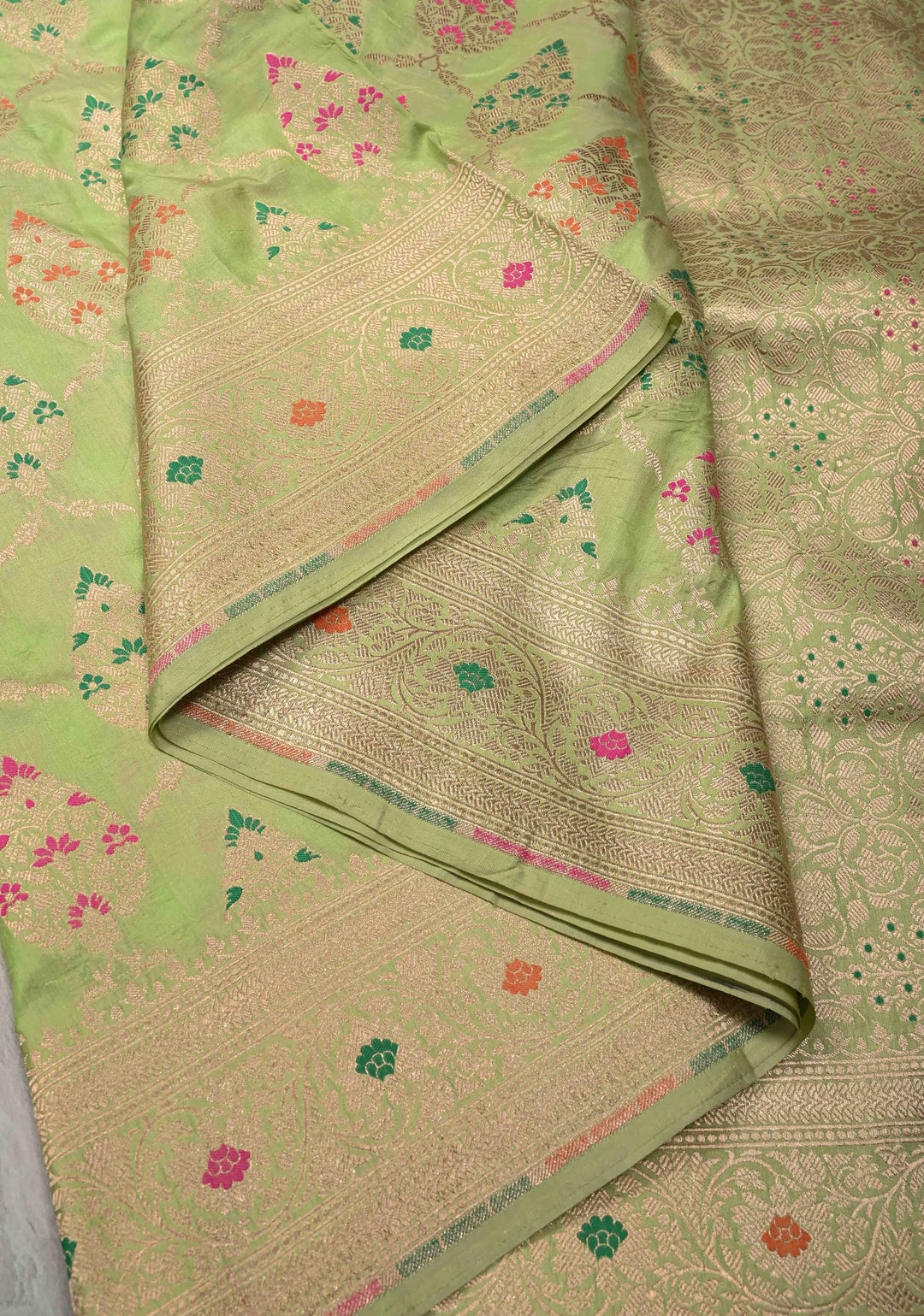Pistachio Green Meenakari Banarasi Katan Silk Saree with Floral Jaal and Zari Border-Pallu | SILK MARK CERTIFIED