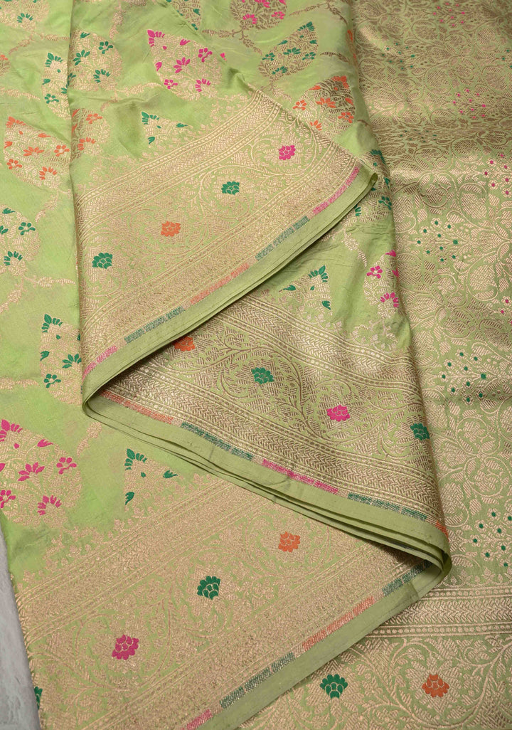 Pistachio Green Meenakari Banarasi Katan Silk Saree with Floral Jaal and Zari Border-Pallu | SILK MARK CERTIFIED