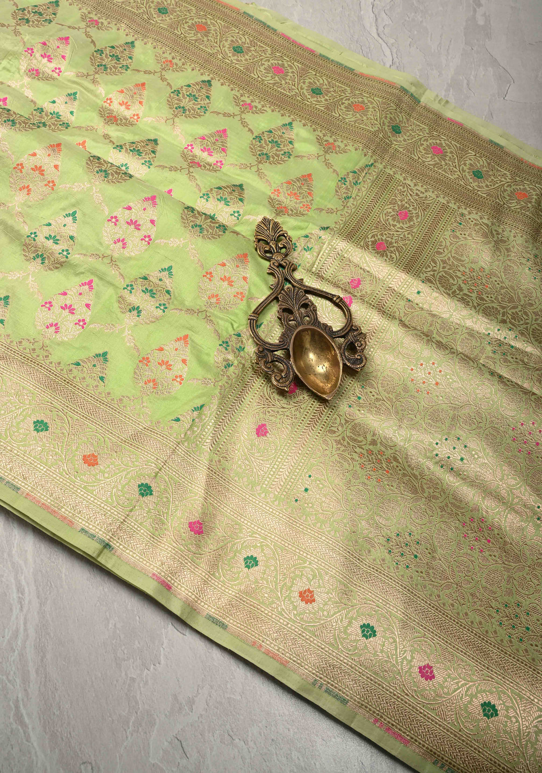 Pistachio Green Meenakari Banarasi Katan Silk Saree with Floral Jaal and Zari Border-Pallu | SILK MARK CERTIFIED
