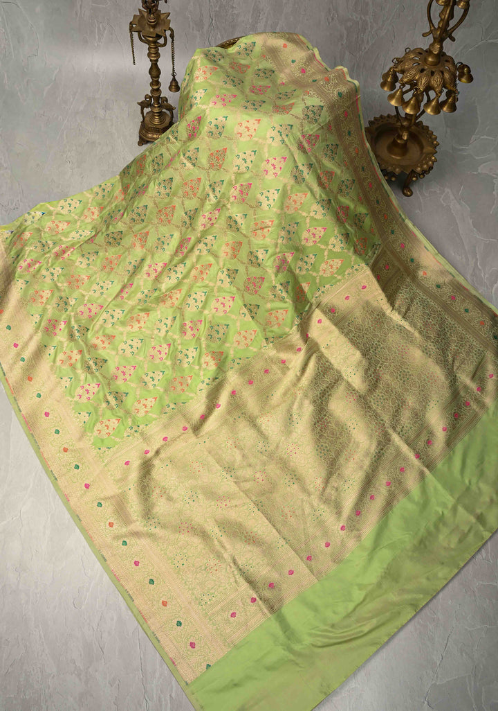 Pistachio Green Meenakari Banarasi Katan Silk Saree with Floral Jaal and Zari Border-Pallu | SILK MARK CERTIFIED