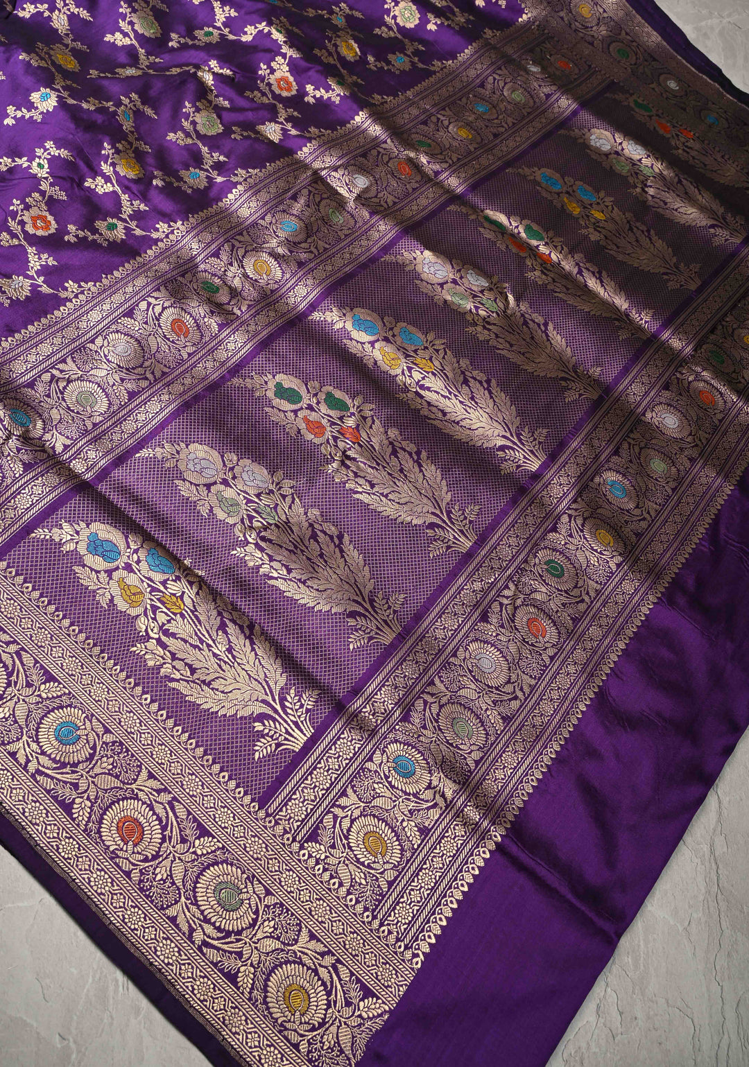 Eggplant Purple Meenakari on Banarasi Katan Silk Saree with Floral Brocade Jaal and Zari Border-Pallu | SILK MARK CERTIFIED