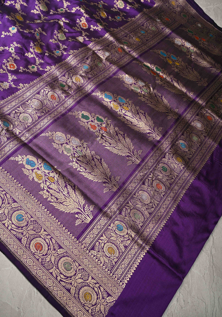 Eggplant Purple Meenakari on Banarasi Katan Silk Saree with Floral Brocade Jaal and Zari Border-Pallu | SILK MARK CERTIFIED