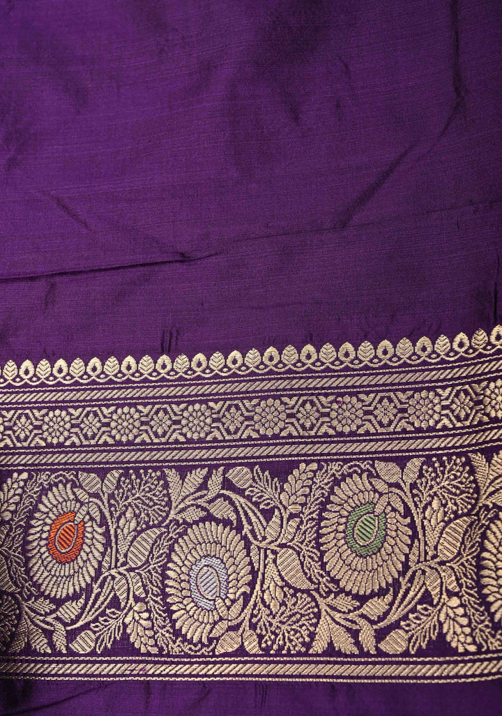 Eggplant Purple Meenakari on Banarasi Katan Silk Saree with Floral Brocade Jaal and Zari Border-Pallu | SILK MARK CERTIFIED