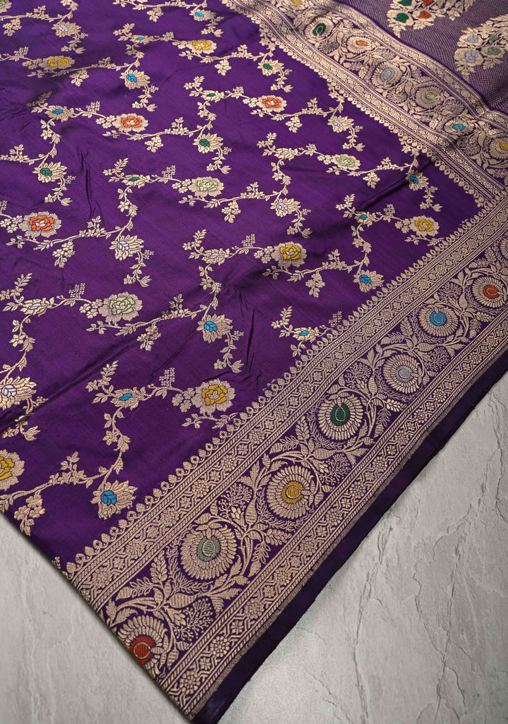 Eggplant Purple Meenakari on Banarasi Katan Silk Saree with Floral Brocade Jaal and Zari Border-Pallu | SILK MARK CERTIFIED