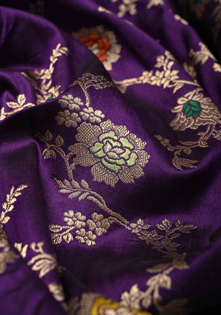Eggplant Purple Meenakari on Banarasi Katan Silk Saree with Floral Brocade Jaal and Zari Border-Pallu | SILK MARK CERTIFIED