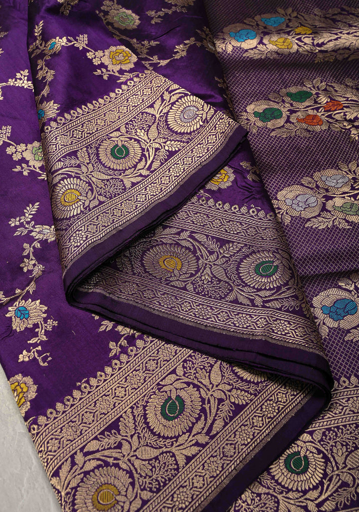 Eggplant Purple Meenakari on Banarasi Katan Silk Saree with Floral Brocade Jaal and Zari Border-Pallu | SILK MARK CERTIFIED
