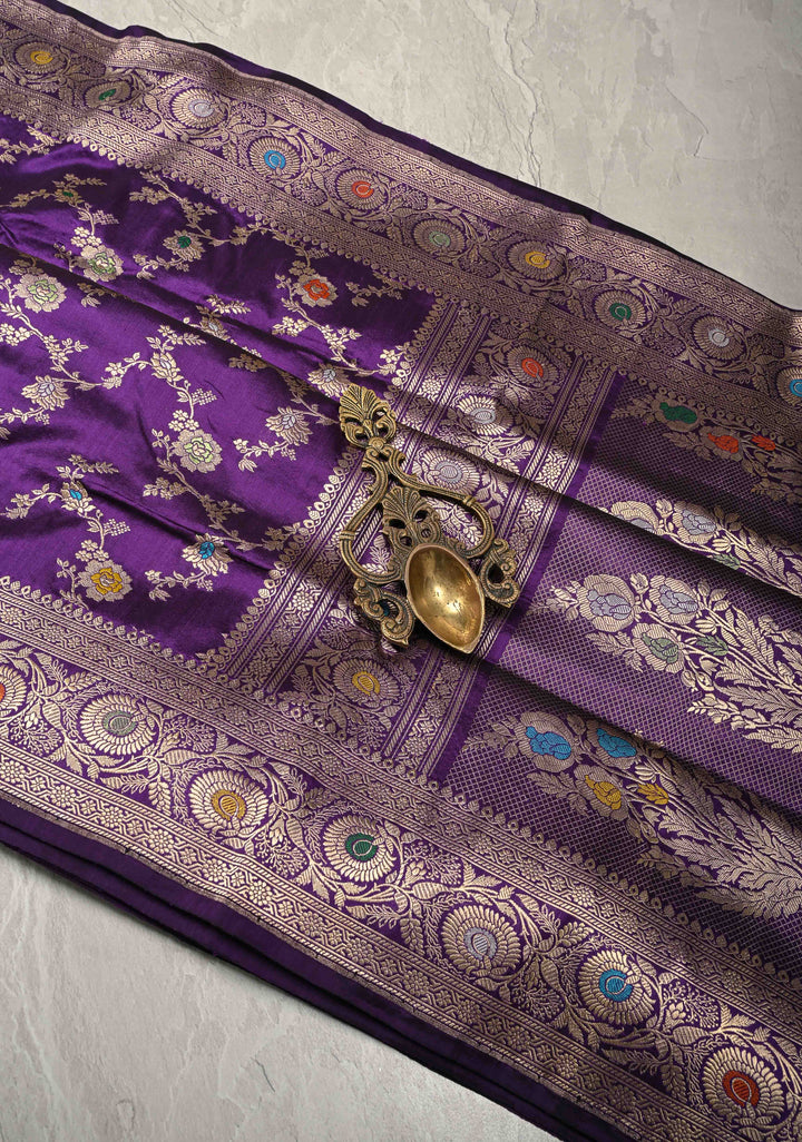 Eggplant Purple Meenakari on Banarasi Katan Silk Saree with Floral Brocade Jaal and Zari Border-Pallu | SILK MARK CERTIFIED