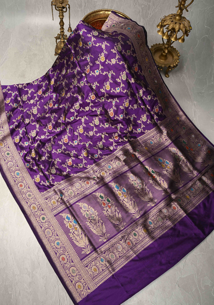 Eggplant Purple Meenakari on Banarasi Katan Silk Saree with Floral Brocade Jaal and Zari Border-Pallu | SILK MARK CERTIFIED
