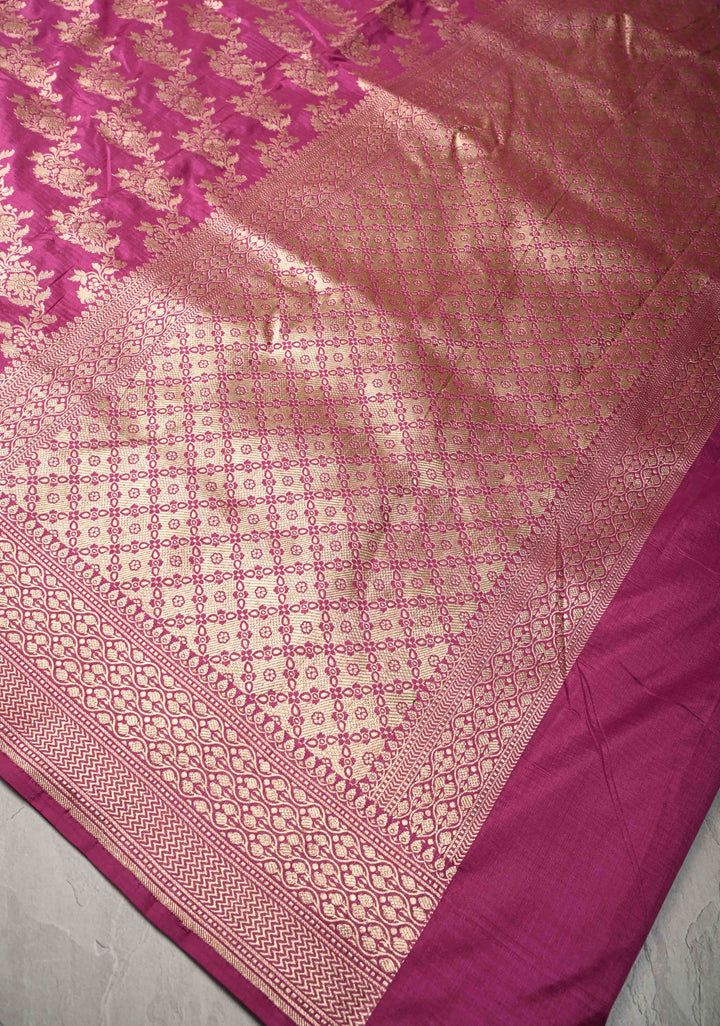 Magenta Banarasi Katan Silk Saree with Floral Brocade Jaal and Zari Border | SILK MARK CERTIFIED