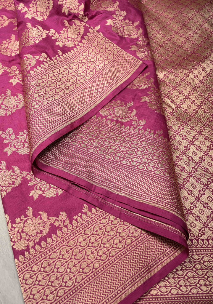 Magenta Banarasi Katan Silk Saree with Floral Brocade Jaal and Zari Border | SILK MARK CERTIFIED
