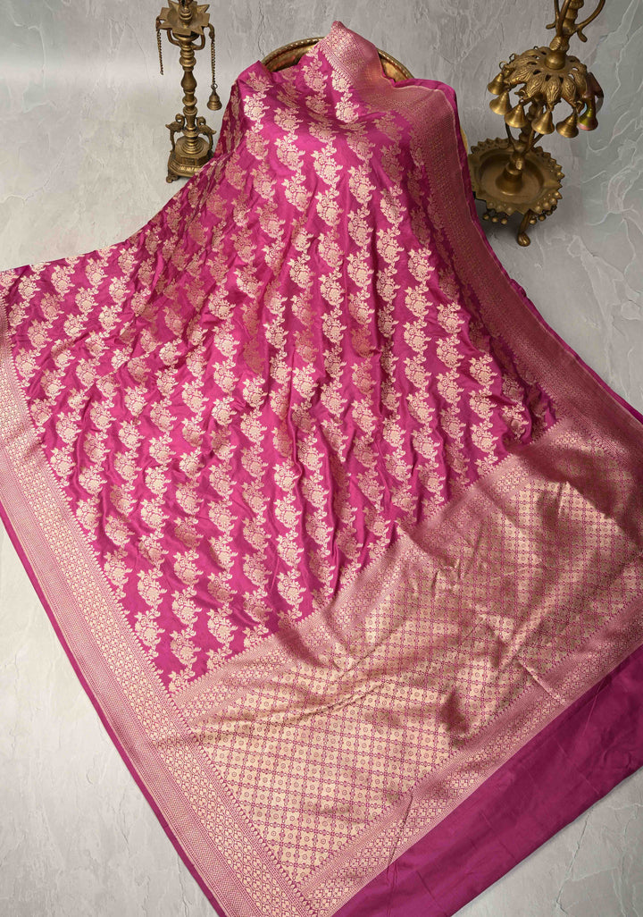 Magenta Banarasi Katan Silk Saree with Floral Brocade Jaal and Zari Border | SILK MARK CERTIFIED