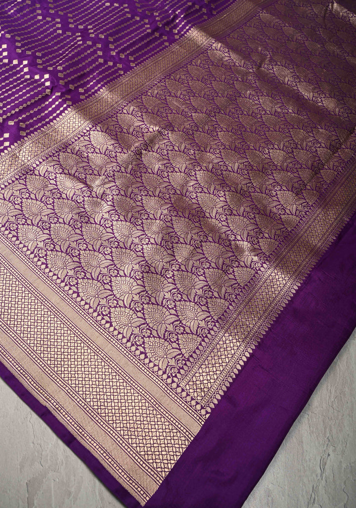 Purple Banarasi Katan Silk Saree with Vertical Stripes Brocade and Zari Border | SILK MARK CERTIFIED