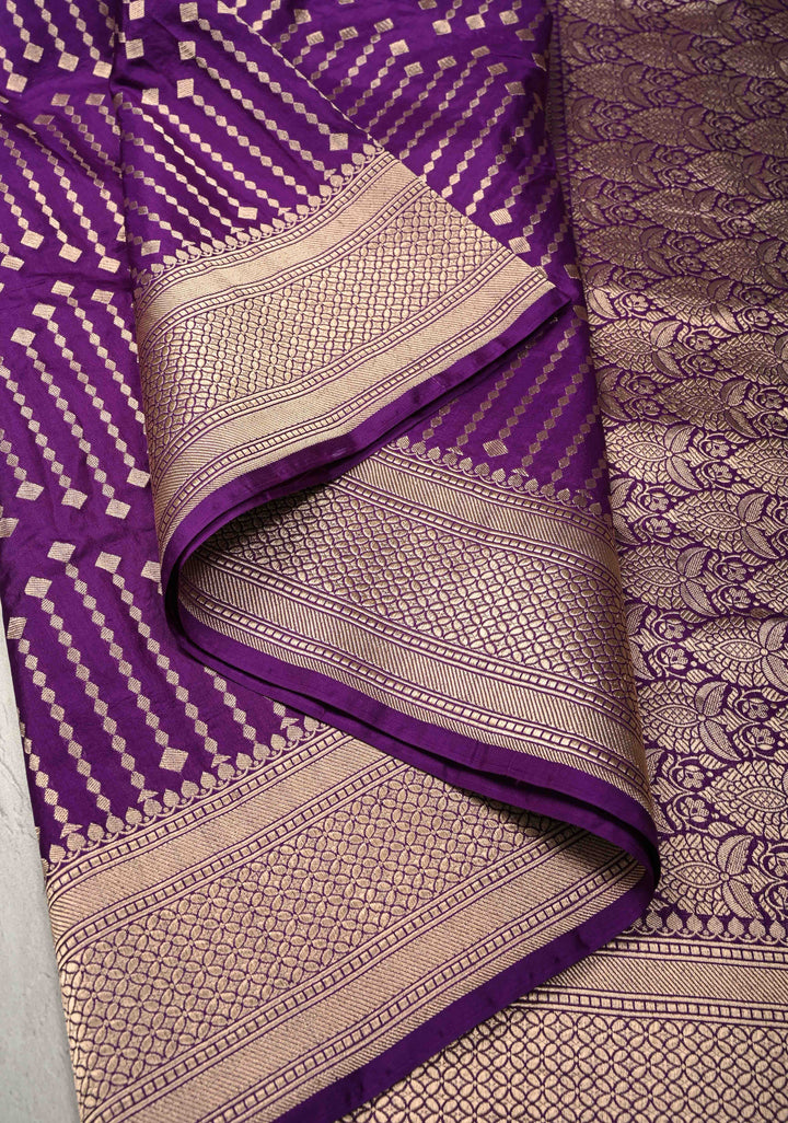 Purple Banarasi Katan Silk Saree with Vertical Stripes Brocade and Zari Border | SILK MARK CERTIFIED