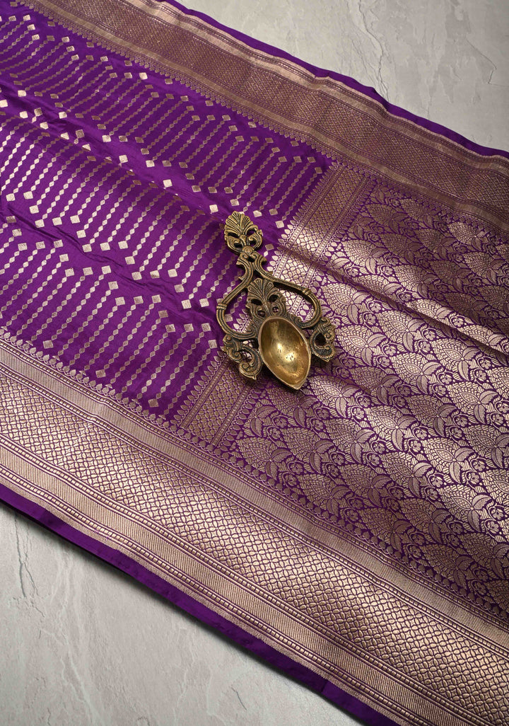 Purple Banarasi Katan Silk Saree with Vertical Stripes Brocade and Zari Border | SILK MARK CERTIFIED