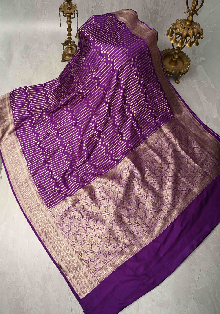 Purple Banarasi Katan Silk Saree with Vertical Stripes Brocade and Zari Border | SILK MARK CERTIFIED