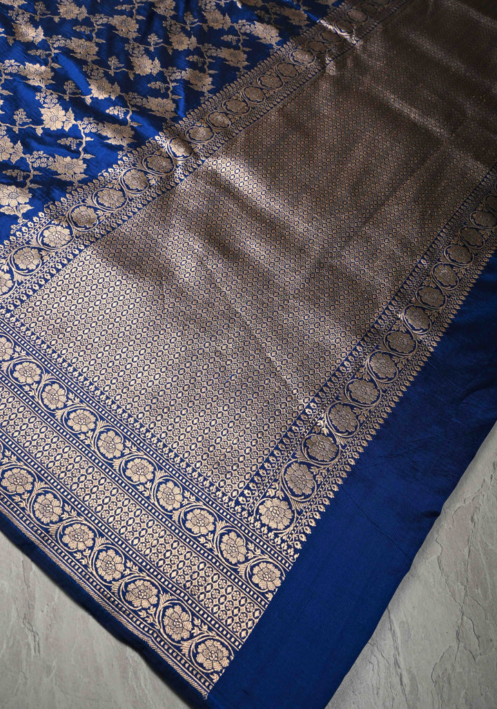 Royal Blue Banarasi Katan Silk Saree with Floral Brocade Jaal and Zari Border | SILK MARK CERTIFIED