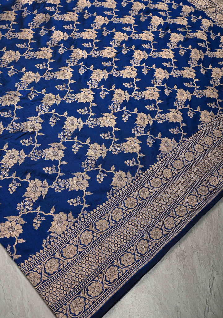Royal Blue Banarasi Katan Silk Saree with Floral Brocade Jaal and Zari Border | SILK MARK CERTIFIED