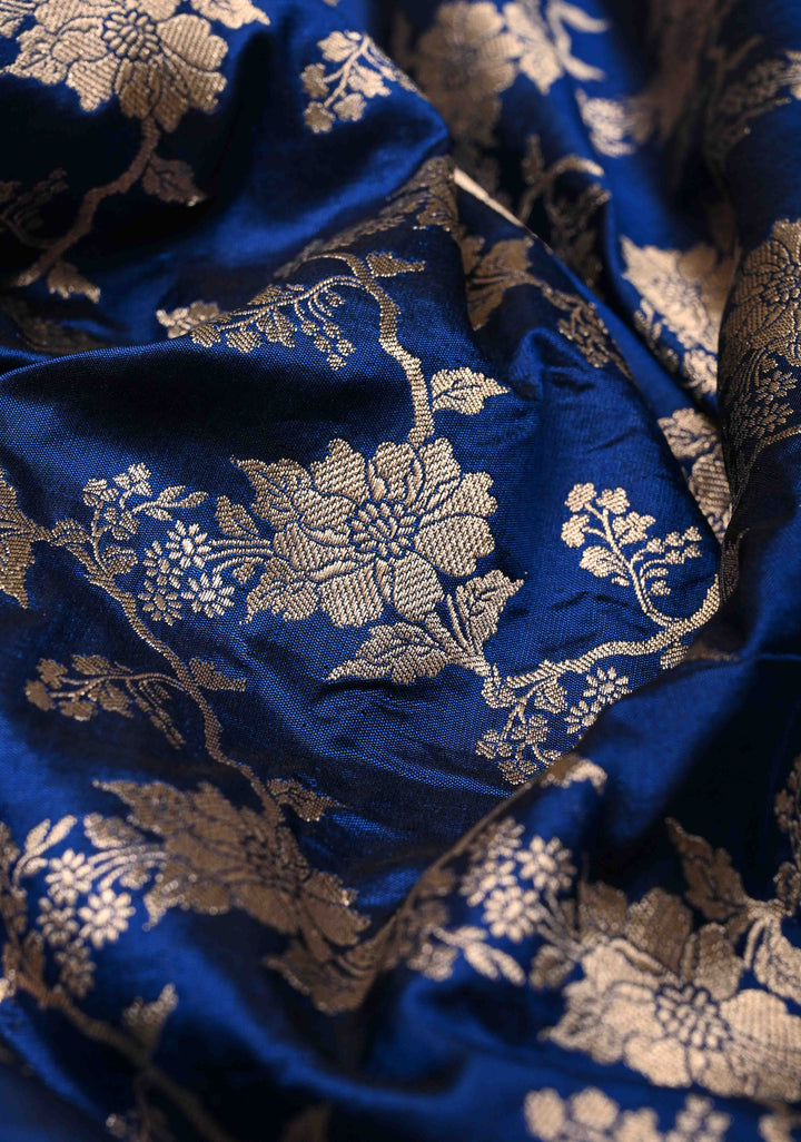 Royal Blue Banarasi Katan Silk Saree with Floral Brocade Jaal and Zari Border | SILK MARK CERTIFIED