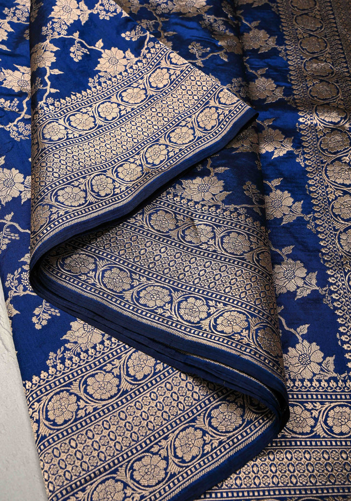 Royal Blue Banarasi Katan Silk Saree with Floral Brocade Jaal and Zari Border | SILK MARK CERTIFIED