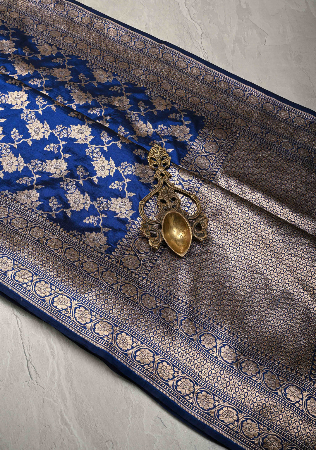 Royal Blue Banarasi Katan Silk Saree with Floral Brocade Jaal and Zari Border | SILK MARK CERTIFIED