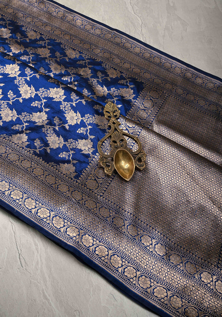 Royal Blue Banarasi Katan Silk Saree with Floral Brocade Jaal and Zari Border | SILK MARK CERTIFIED