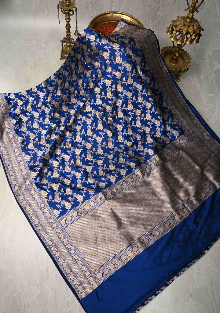 Royal Blue Banarasi Katan Silk Saree with Floral Brocade Jaal and Zari Border | SILK MARK CERTIFIED